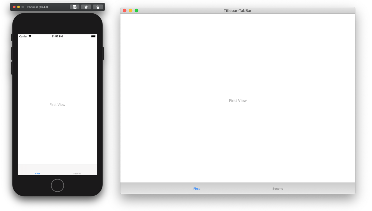Screenshot of the UITabBarController app on iPhone 8 and macOS Catalina